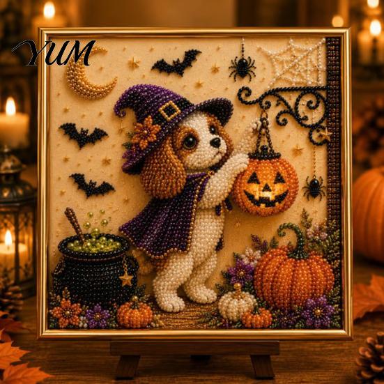 Halloween Puppy Witch Decor Faux Pearl Painting Kit, Ghost 3D Art Craft Clean Paint Free Set for Adults Beginners, Home Wall Decor, DIY Stress Relief