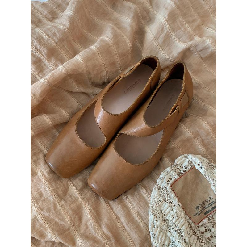 Leather~ Square head thick heel Mary Jane shoes women's spring retro pig nose ballet shoes women's small leather shoes single shoes