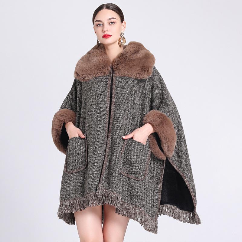 Dámský polstrovaný zahuštěný plášť s límcem z umělé vydří srsti, šál, volný pletený kardiganový kabát ve velké velikosti