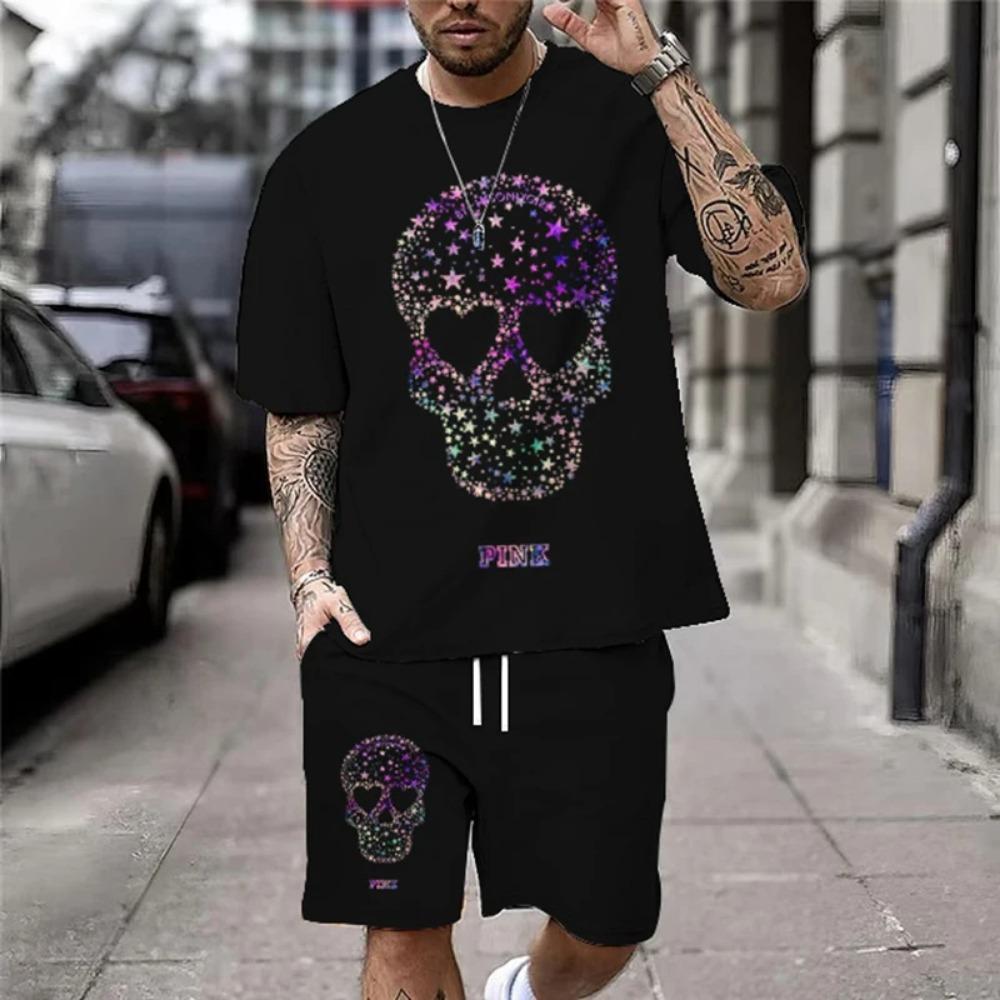 Summer New Casual Men's Skull Print T-Shirt Set Fashion Streetwear Tees Loose Oversized Breathable Soft Short Sleeves And Shorts