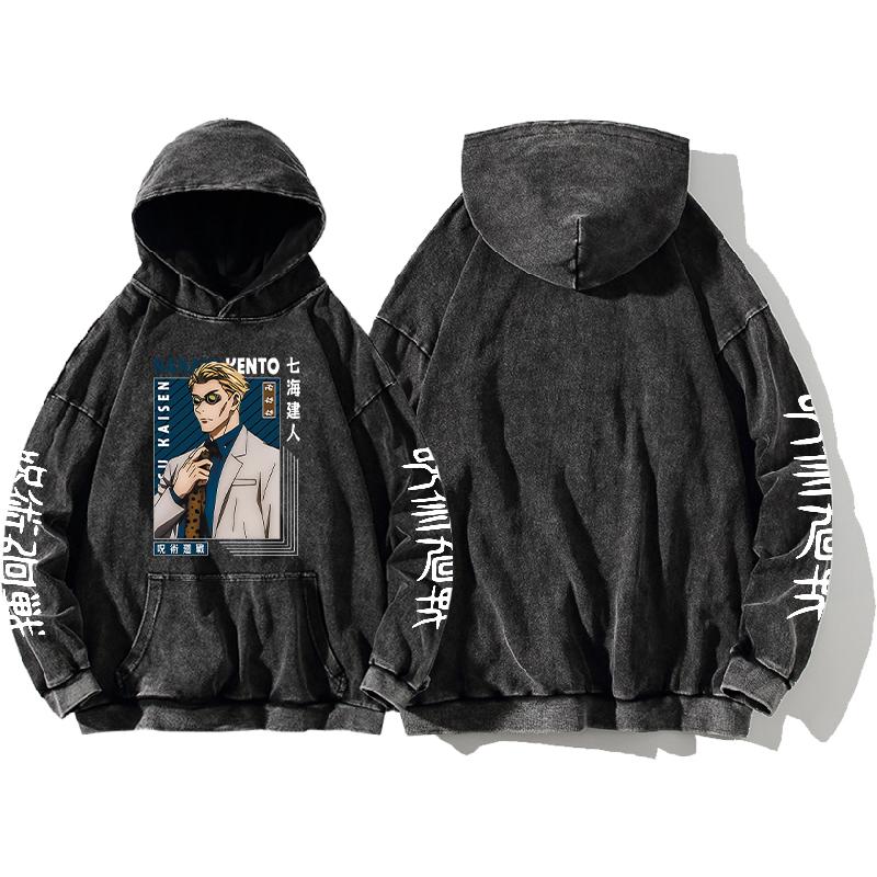 Nanami Kento Printed Hoodie Jujutsu Kaisen Sweatshirts Men Women Clothing Long Sleeve Hooded Streetwear Washed Cotton Pullover