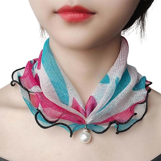 Scarf Painting Print Imitation Pearl Durable Ruffle Edge Lady Headscarf for Banquet