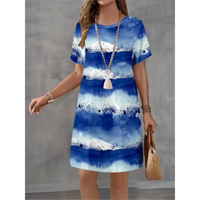 Women Dress Gradient Printing Design Sense Pattern New Summer Elegant Women A-Line Dress Casual Short Sleeve Mini Dress
