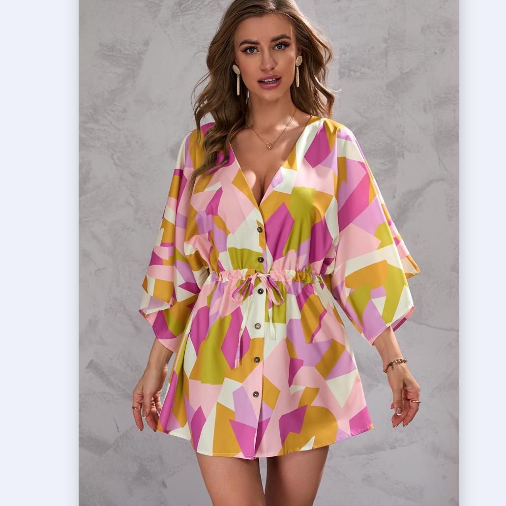 

Женское праздничное пляжное летнее платье со средним рукавом с V-образным вырезом и цветочным принтом XXL