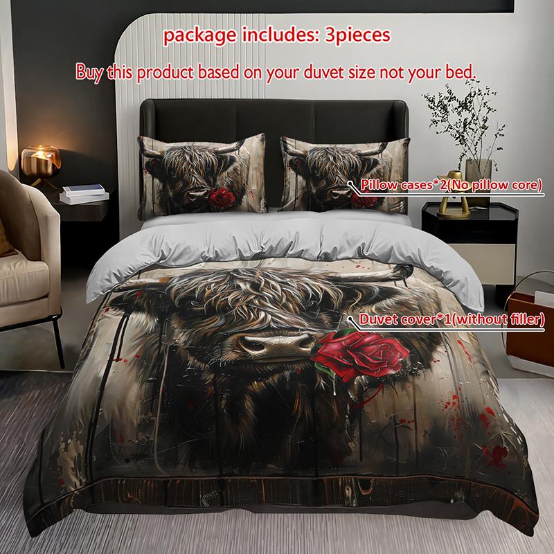 

3Pcs Highland Cow Rose Bedding Duvet Cover Set Highland Cow Bedding Quilt Set Animal Themed Bed Quilt Set Romantic Duvet Cover Set&EU Single(135x200cm)