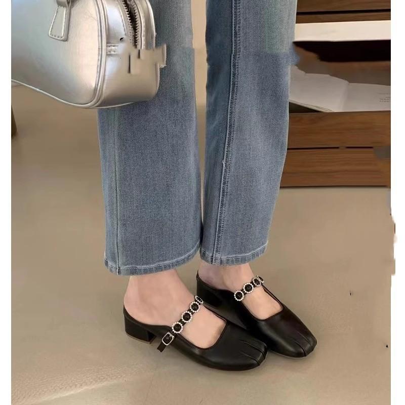 Square head sandals women s outer wear summer new rhinestone word with bag head and half slippers 40 чёрный