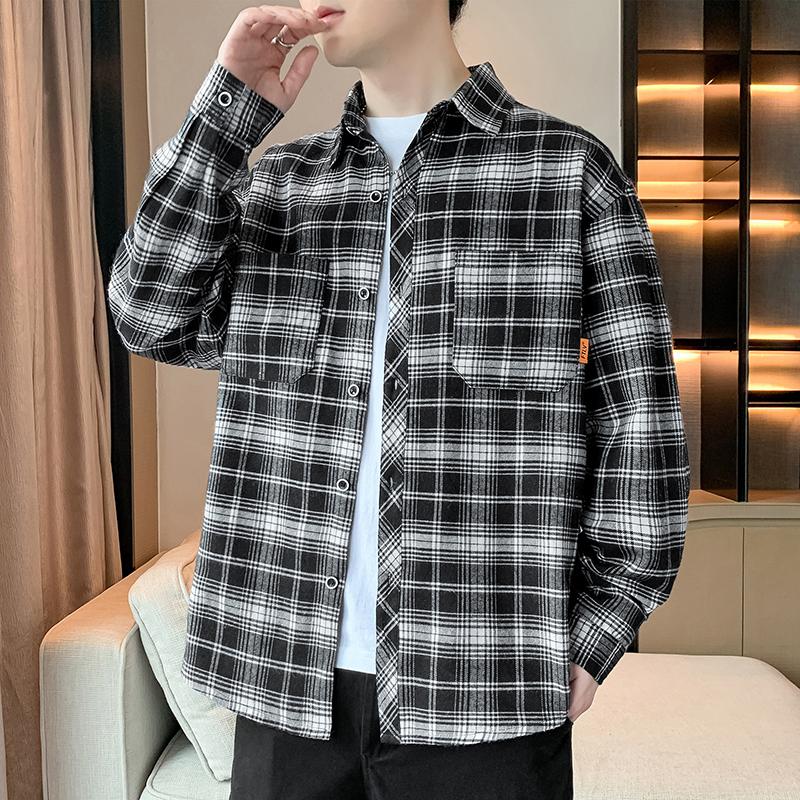 

Spring Autumn Polo-neck Vintage Plaid Printing Shirt Men Long Sleeve Casual Fashion Cardigan Blouse All-match Top M чорний