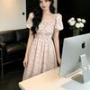 French sweet pleated bubble sleeves floral square neck dress women's summer waist super fairy A word medium and long dress