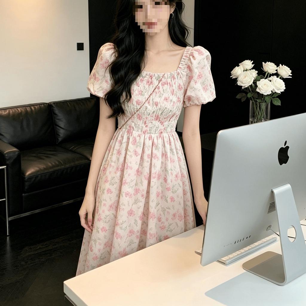 French sweet pleated bubble sleeves floral square neck dress women's summer waist super fairy A word medium and long dress