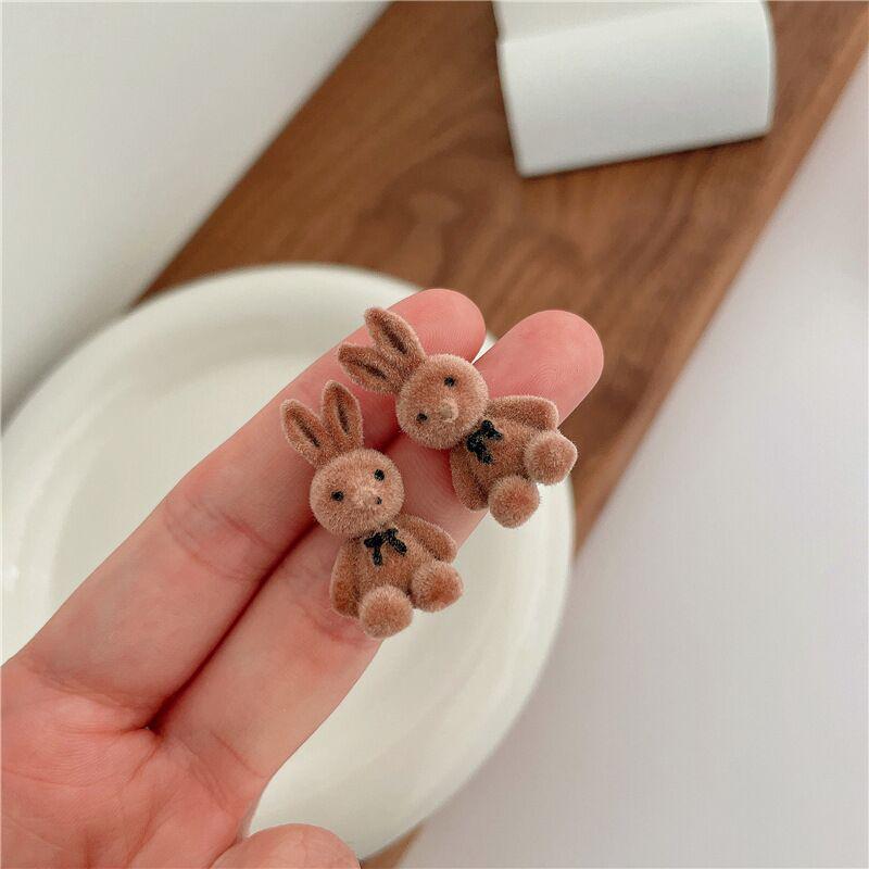 S925 Silver Needle Flocked Bow Bear Earrings - Cute Plush Earrings for Autumn & Winter