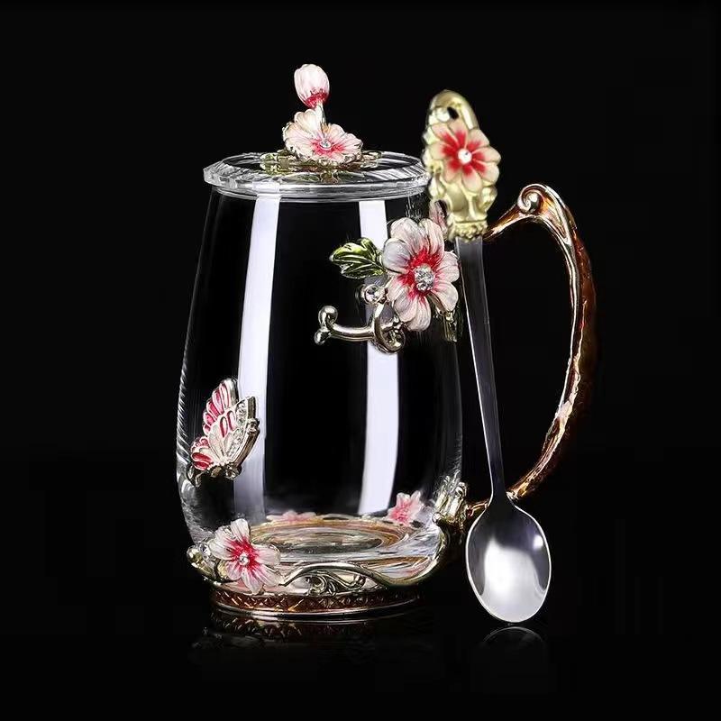 Household Enamel Colored Flower Glass Water Cup Round Coffee Cup Breakfast Milk Juice Cup