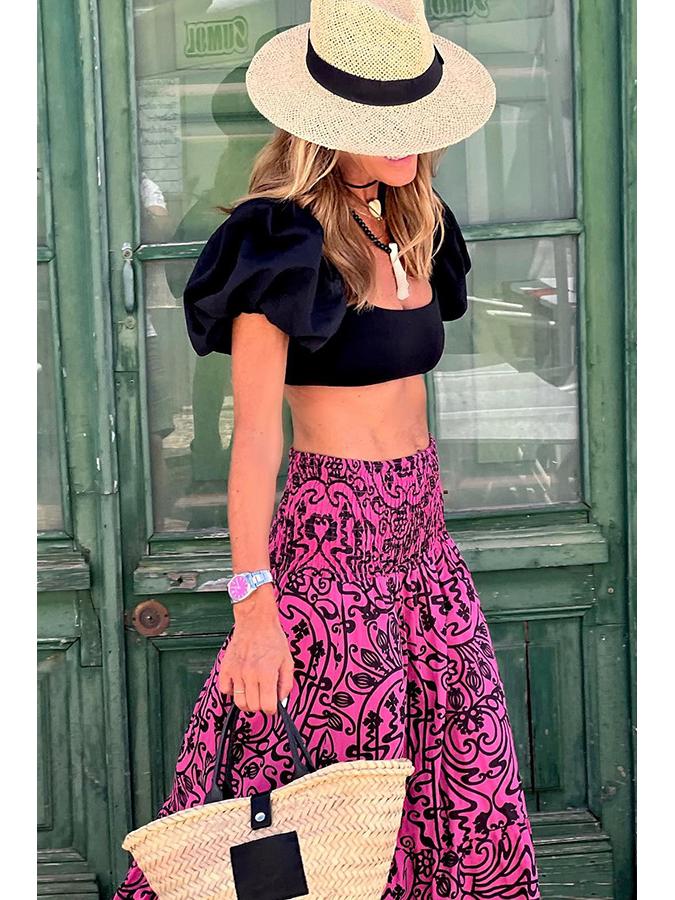 2023 Summer European & American Casual Women's Printed Long Dress with Elastic Waist for Vacations