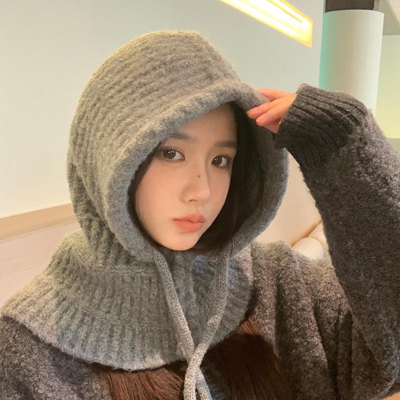 

Шапка-балаклава с утолщенным теплым шарфом на осень и зиму, корейская версия, для большой головы, ветрозащитная, с защитой ушей, шерстяная шапка One Size