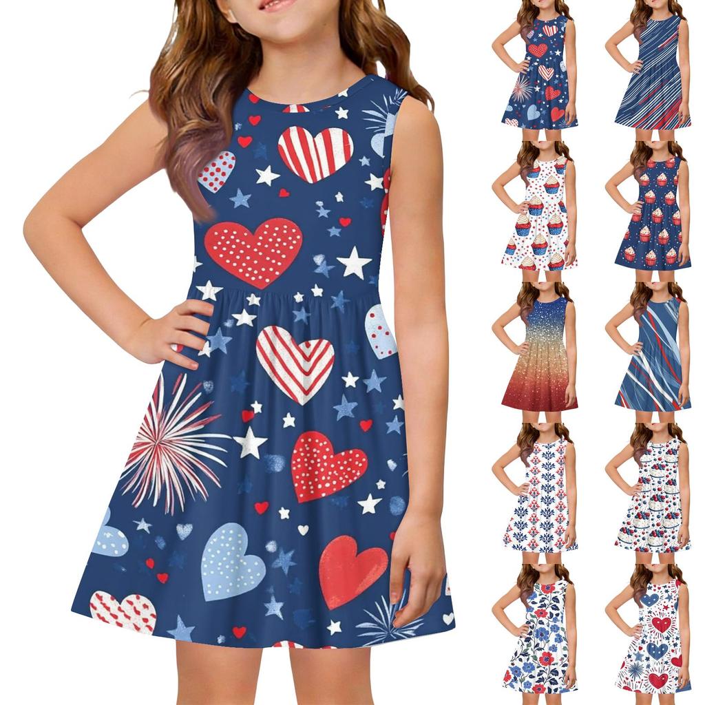 Girls' Summer Princess Dress - A-Line Vest Splice Dress Independence Day