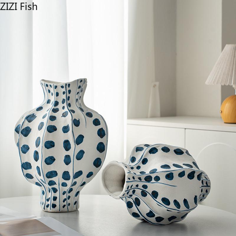 Handicrafts Painted Pattern Ceramic Vase Irregular Shape Flower Pots Table Decoration Flowers Arrangement Room Aesthetic Decor