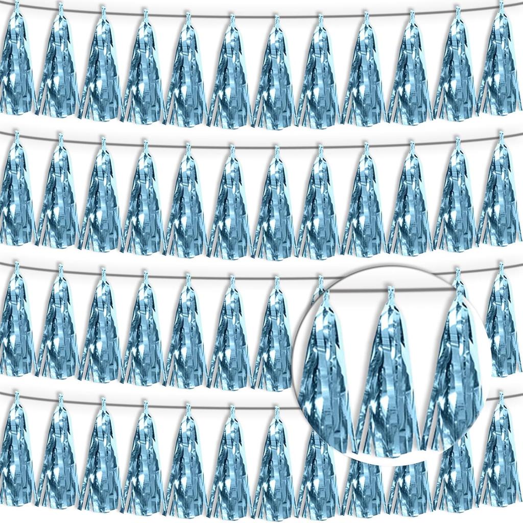 4P Lake Blue Purple-Hot Pink Tassel Banner Garland Metallic Foil Fringe Banner Tel Tassels Streamer Banner Backdrop for Parade Floats,Graduation