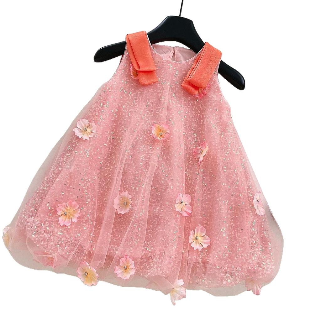 Sommer Mädchen Prinzessinnenkleid 3D Blume Pailletten Netz Ärmellos Partykleid Für Kinder Elegant Tüll Weste Kleid