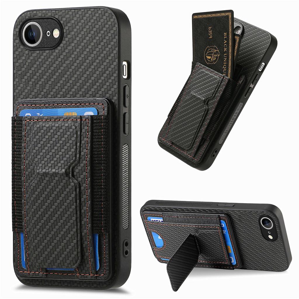 For iPhone 16e Case with Card Holder Kickstand Fiber Pattern Leather Back Cover