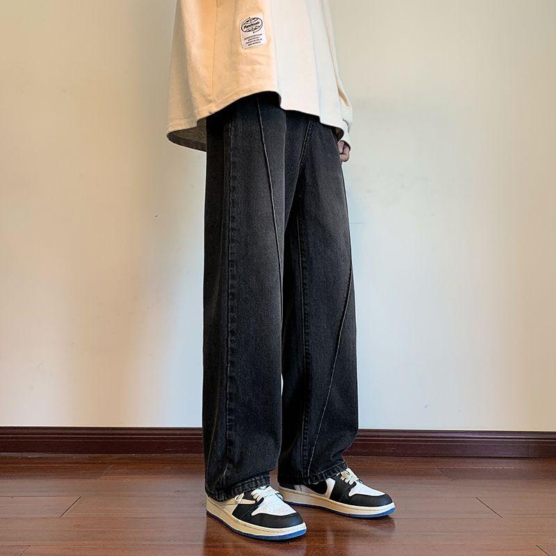 Stitching Straight Trousers Autumn Winter New Vintage Denim Pants Men's Clothing High Street American Loose Jeans