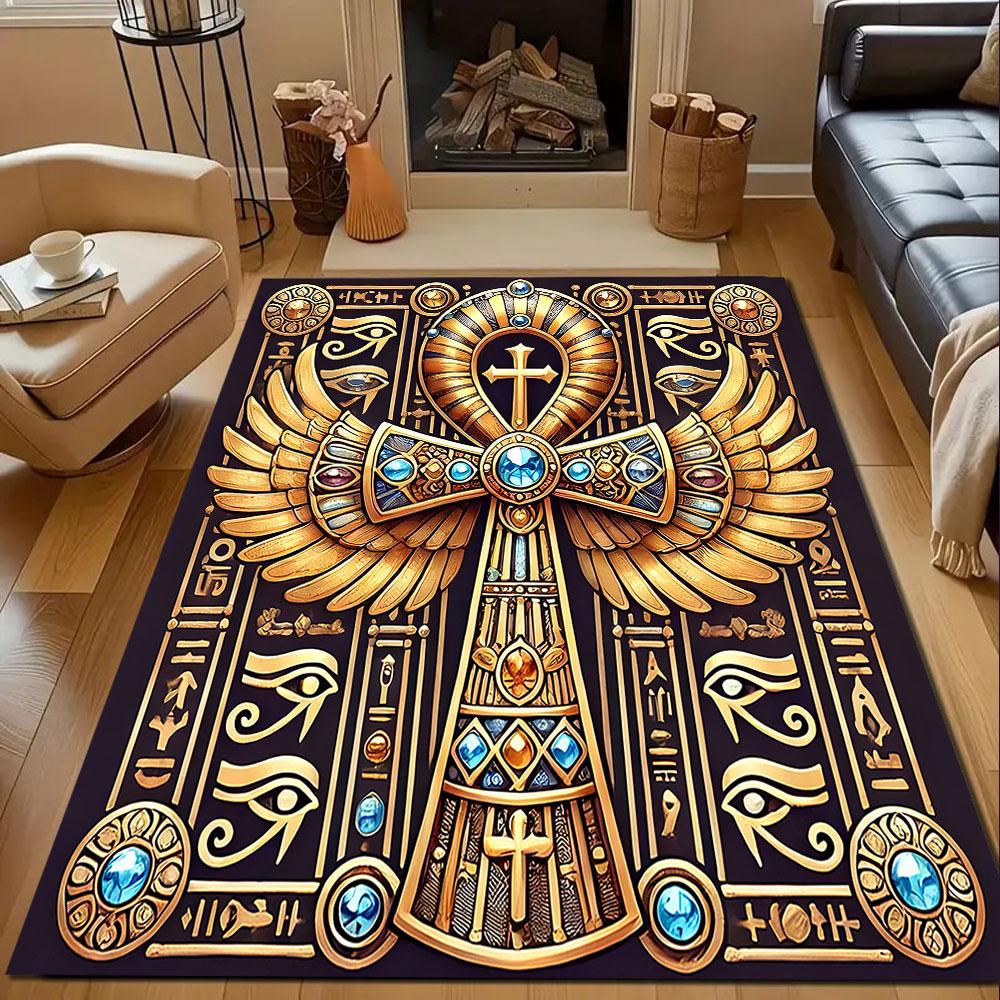 Golden Pharaoh Winged Cross Design Patterned Carpet, Non Slip Mat Suitable for Living Room and Bedroom Sofas