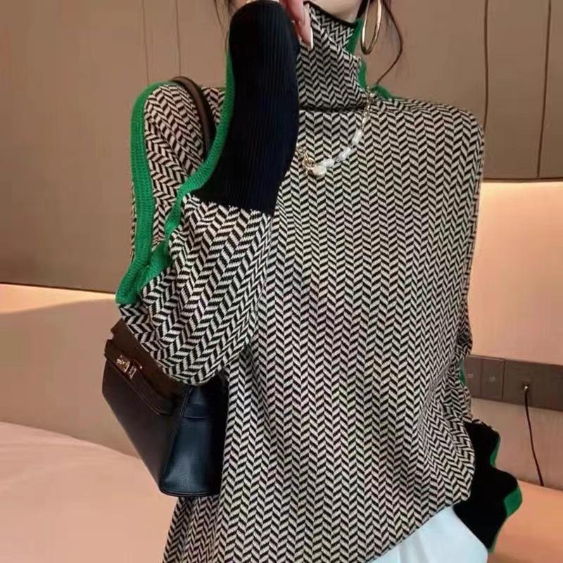 Women's Slimming Striped High Neck Long Sleeve Sweater, Petite Fit, Autumn/Winter 2025 European Style.