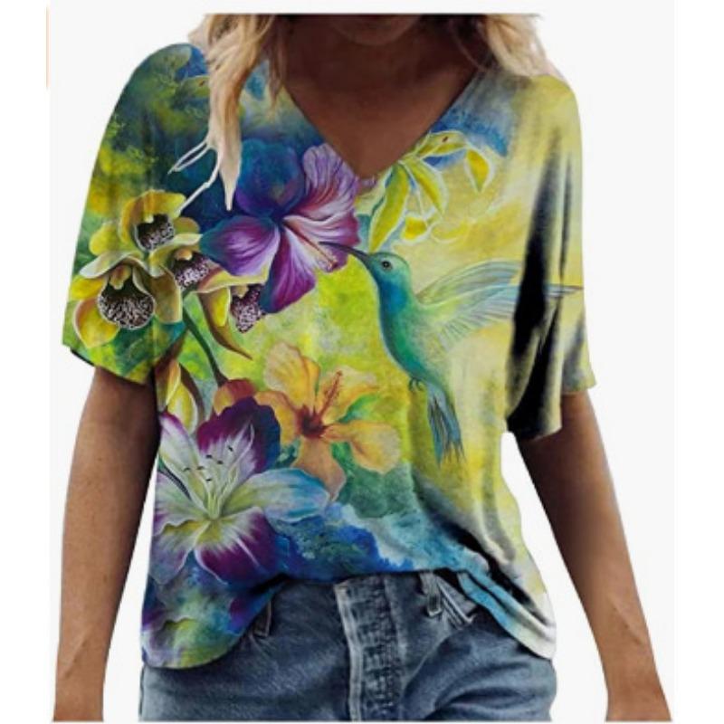 Summer V-neck 3D Feather Flower Printed Top Fashionable Casual Short Sleeved Women's T-shirts