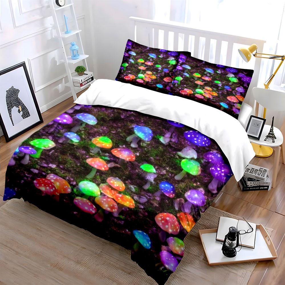 Colorful Led Mushroom Lights Decor Soft Comfortable Duvet Cover Bedding Set Included 1*Duvet Cover & 2*Pillowcases, Gift