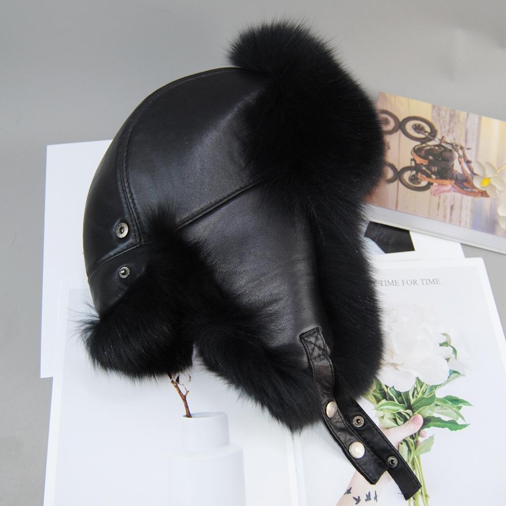 New Unisex Real Sheepskin Leather Hat Luxury Winter Russian Real Fox Fur Hat Warm Soft Quality 100% Real Raccoon Fur Bombers Cap