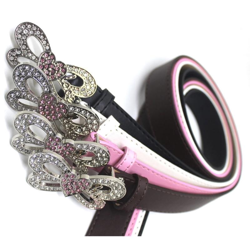 Shinning Rhinestone Waist Belts with Heart&Butterfly Buckle for Rock Fan Adjust Belt for Teens Female Jeans Skirt