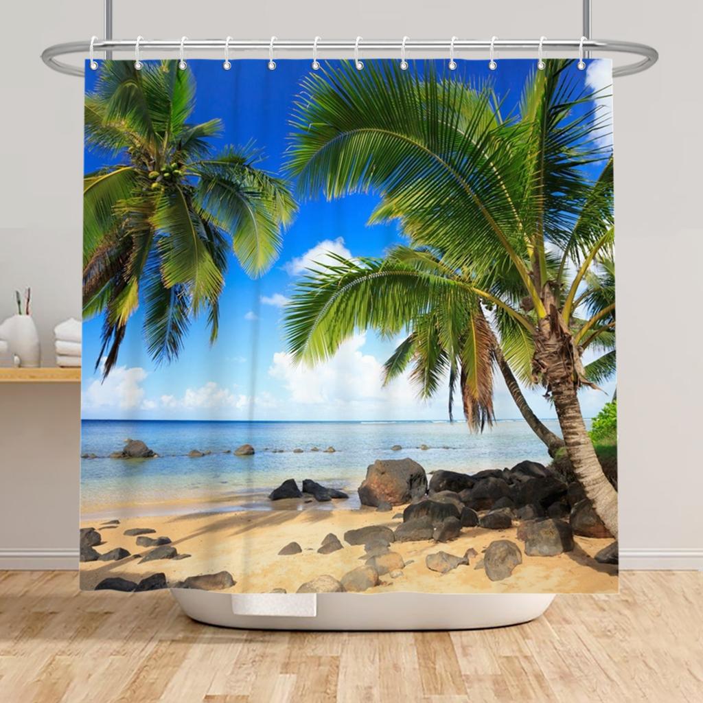 Beach Vacation Shower Curtain Tropical Palm Trees Ocean Waves Starfish Sandy Shore Pattern Waterproof Polyester Bathroom Decor