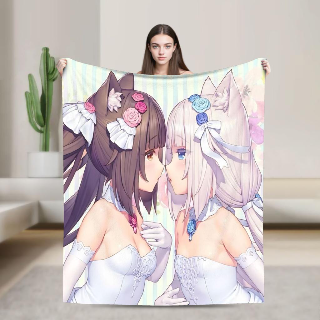 Kawaii Nekopara Anime Catgirls Blankets Fleece  Super Warm Throw Blankets for Outdoor Travel Bedroom Quilt