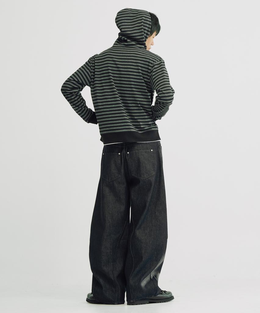 Takeasy [Crop T-Shirt Added] Striped Crop Zip-Up Hoodie (Charcoal)