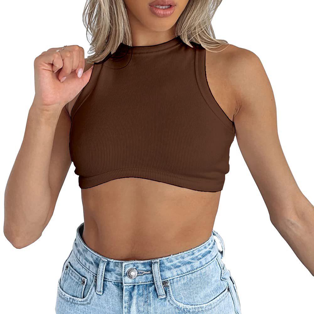 Dámský crop top bez rukávů z žebrovaného úpletu - Sexy styl s kulatým výstřihem