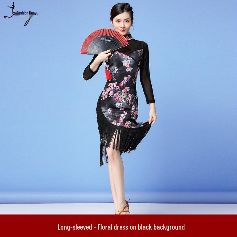 Autumn New Latin Dance Mesh Tassel Cheongsam Dress for Women - Practice & Performance