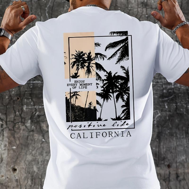 Men's Summer 100 Cotton Fashionable Casual Loose Fit Plus Palm Tree Pattern Printed Vacation Round Neck Short Sleeved T-shirt