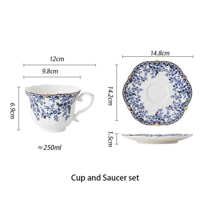 Light Luxury Peony Flower Golden Edge Ceramics Coffee Cup and Saucer Set European Afternoon Tea Cup Home Blue Flower Tea Cup