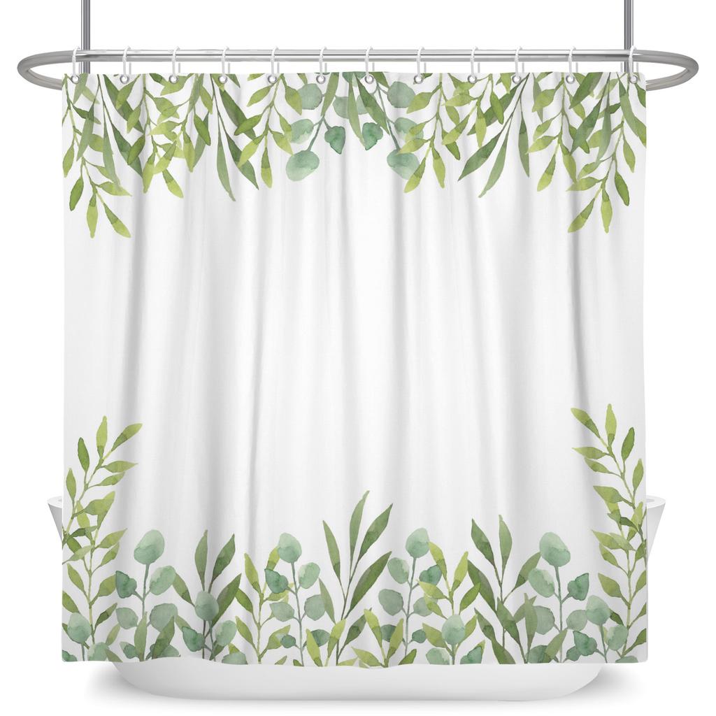 Watercolor Green Leaf Shower Curtain Floral Plant Botanical Print Waterproof Bath Curtain For Bathroom Decor Polyester With Hook