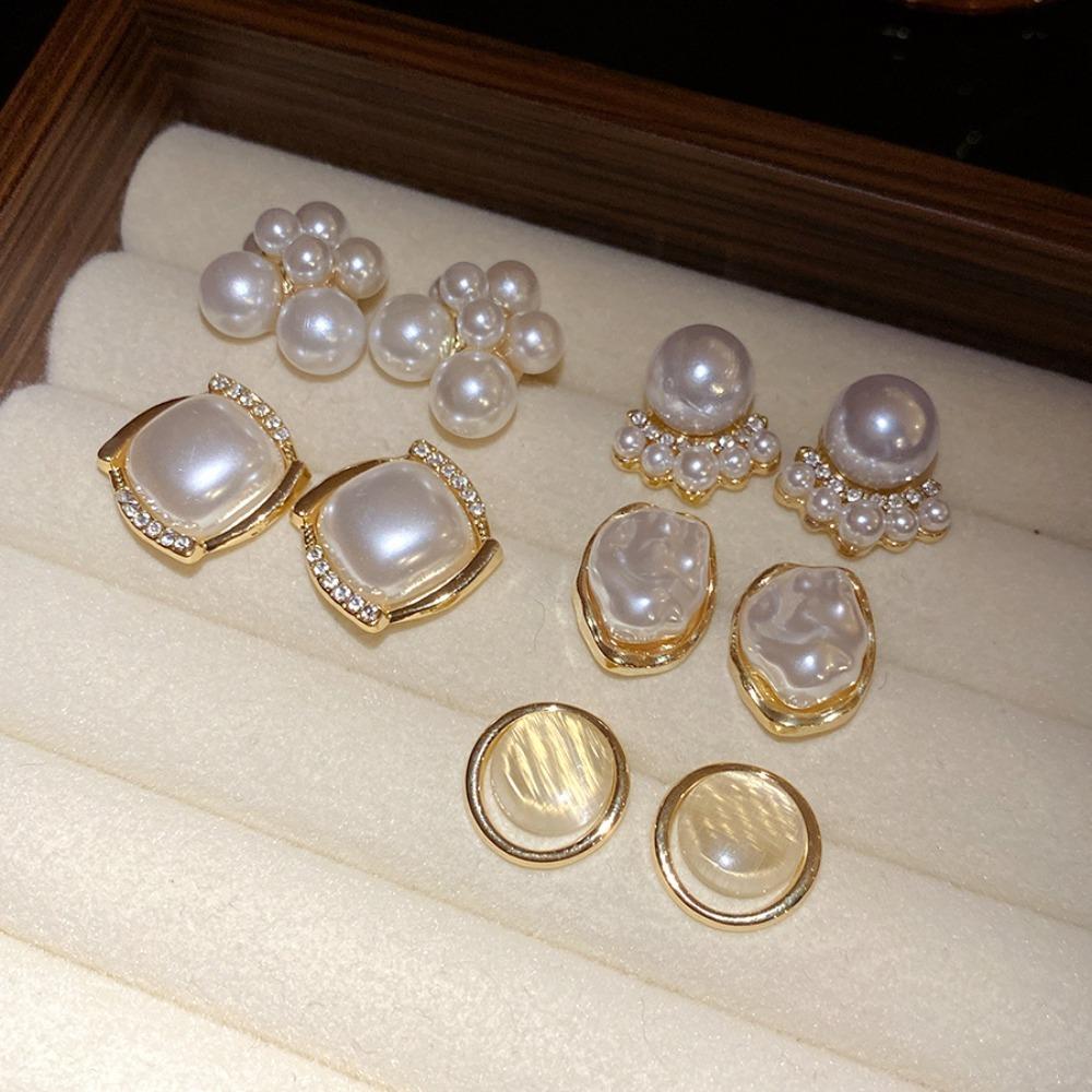 Round Square Stud Earrings Small Imitation Pearl Earrings  for Women Daily Jewelry Sets