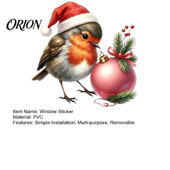 Cute Bird Holiday Patterns Christmas Window Cling, Static Sticker with Santa Hat And Bauble, Ornaments Waterproof UV-Resistant Glass Decal for