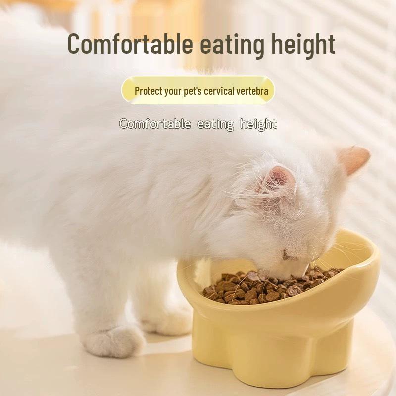 Ceramic Anti-Tip Elevated Slanted Cat Bowl for Cervical Spine Protection - Suitable for Food or Water