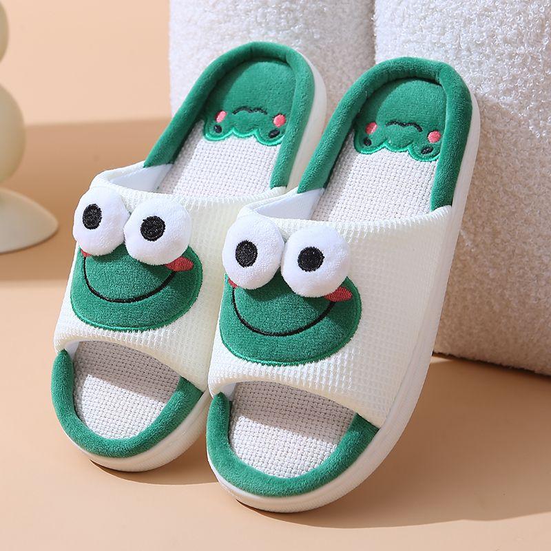 Søte dyr Lintøfler Kvinner Par Sklisikker Tykksåle Vår Sommer Bomull Lin Kule tøfler Hjemmetøfler