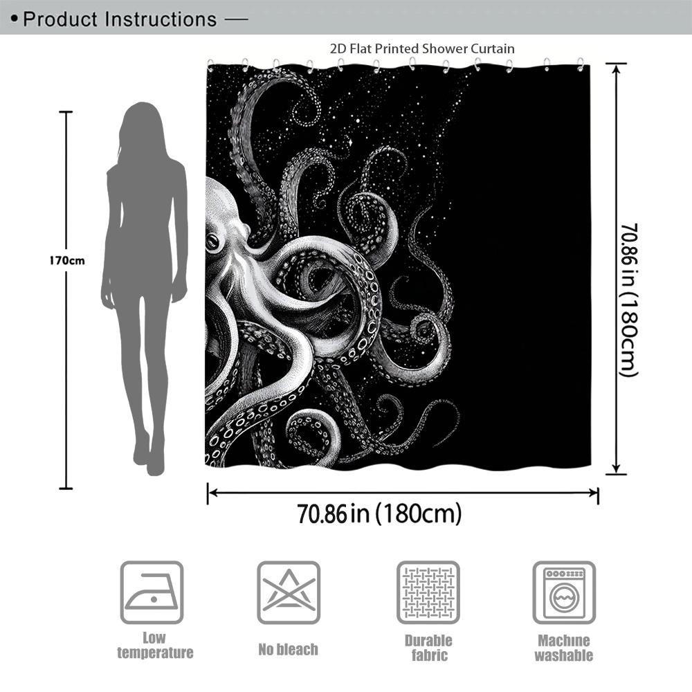 Black Octopus Art Shower Curtain Waterproof Easy To Clean Privacy Protection Print Ocean Creature Design Modern Nontoxicmaterial