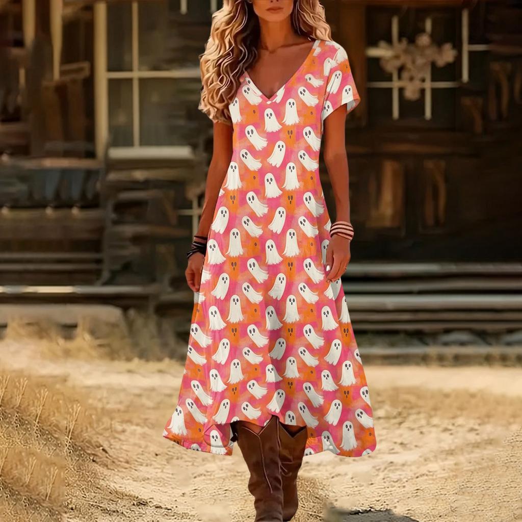 Womens V Neck Short Sleeve Midi Dress Halloween Pumpkin Print Vintage Style Casual Beach Wear Split Hem Summer Dress