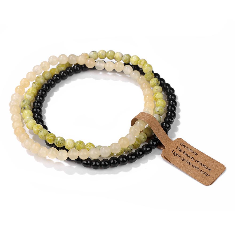 3 Pieces Natural Stone 4mm Beads Elastic Bracelets For Women Men Moss Agates Rose Quartzs Stretch Bracelet Set With Tag Jewelry