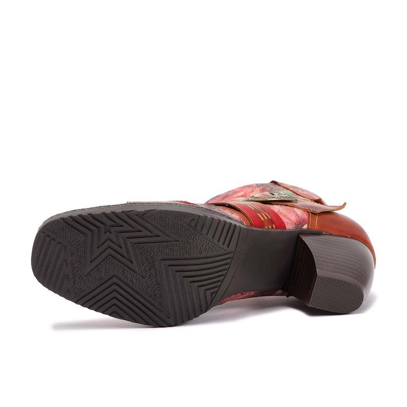 Fashion 7CM New Print Cloth Ankle Chunky Heels British Genuine Leather ZIP Big Size 42 Autumn Spring Cowboy Boots Ethnic Women Shoes