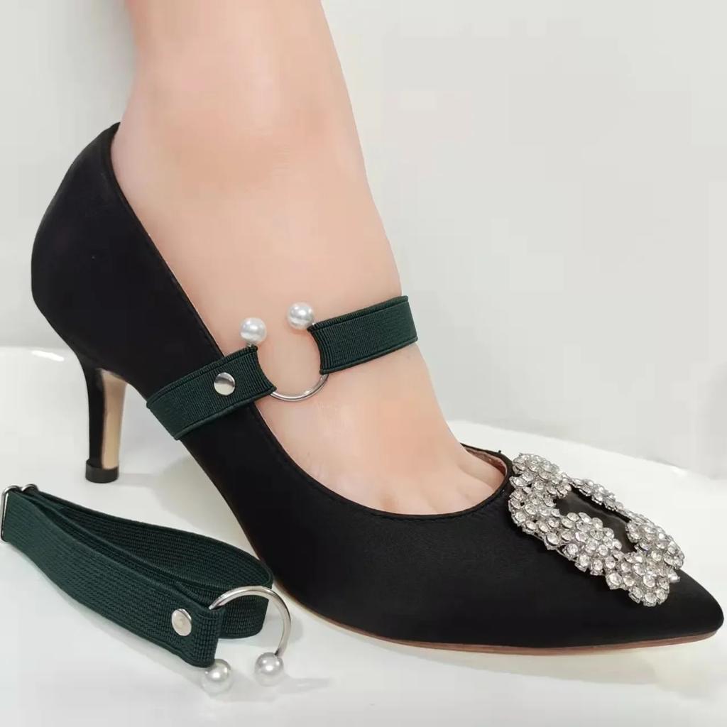 New 1.5CM Width High Heels Shoelaces Women Elastic Laces Heel Shoes Belt U-shaped Pearl Buckle No Tie Shoelace Shoe Accessories