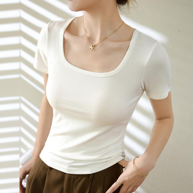 High Spring Thread Cotton Summer Dress New T-shirt Women Short-sleeved Top Square Collar Bottom Shirt
