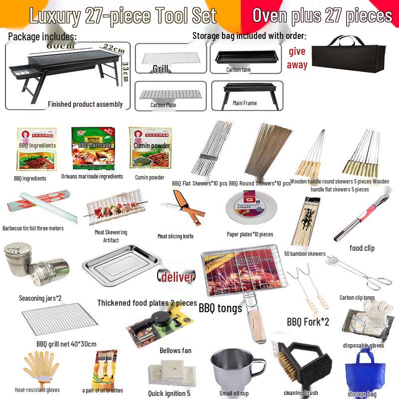 Portable Folding Charcoal Barbecue Grill with Skewers for Outdoor Cooking