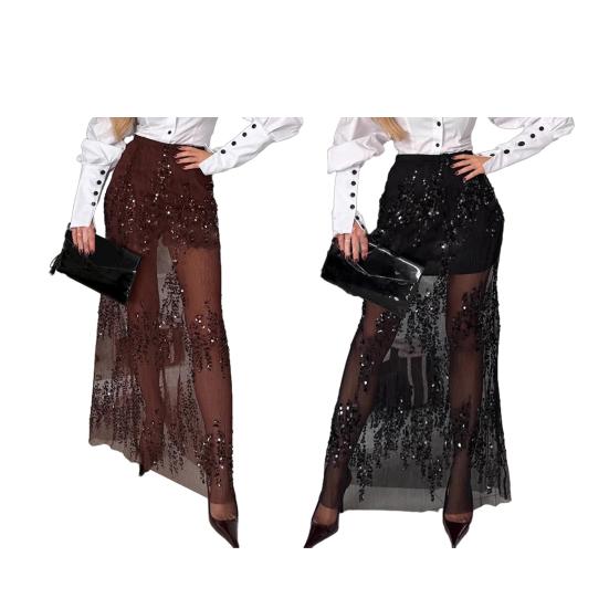 Women Skirt Elastic High Waist Solid Color Shiny Sequin Decoration Slimming Leg Shape Maxi Skirt Party Date Skirt Daily Wear
