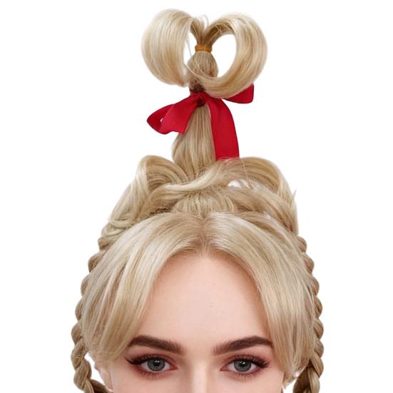 Women Wig Blonde with Red Bow Long Braids